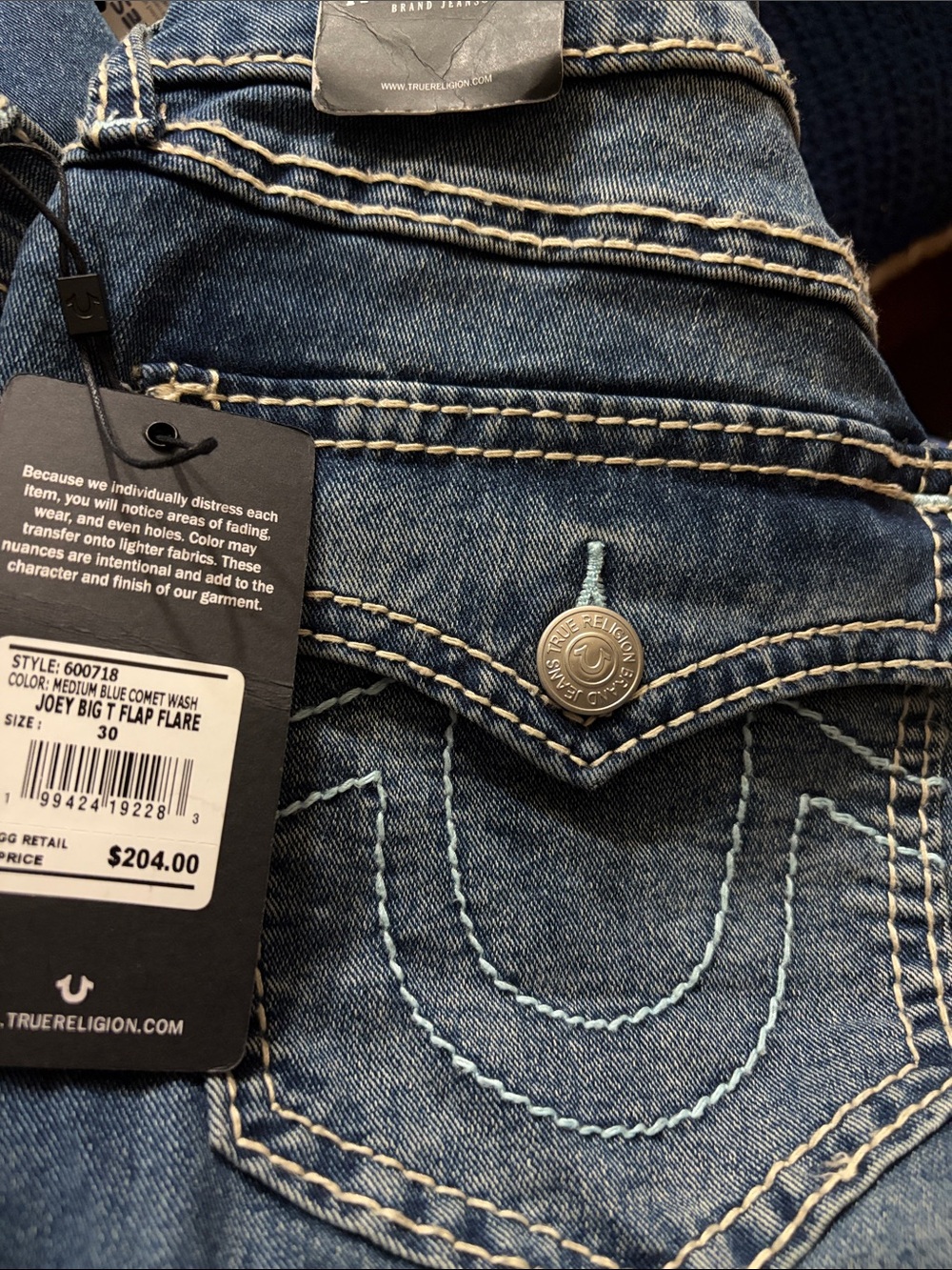 NWT True Religion Joey Big T Flap Pocket Flare Jeans Medium Blue Womens Size 30